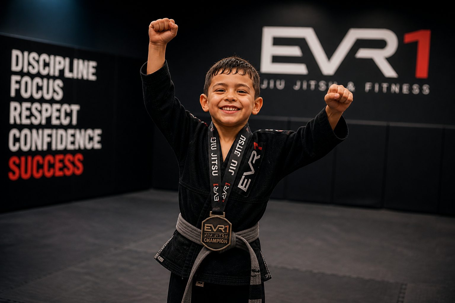 Young boy celebrating success in Brazilian Jiu-Jitsu training at EVR1, showing confidence, discipline, and personal growth through consistent practice
