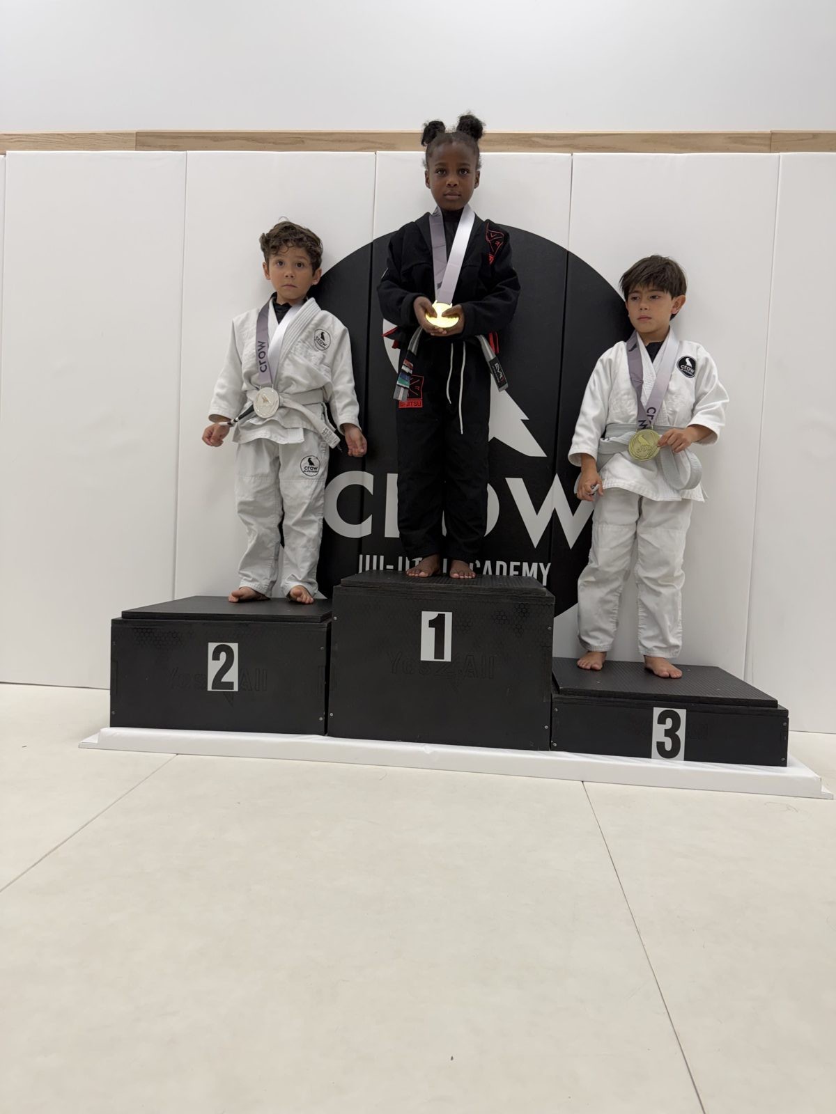 EVR1 Kids Jiu-Jitsu students competing at a youth Brazilian Jiu-Jitsu tournament.