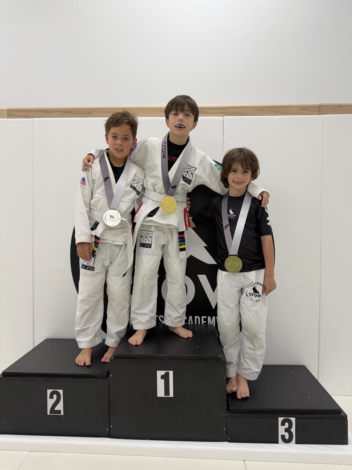 EVR1 Kids Jiu-Jitsu students competing at a youth Brazilian Jiu-Jitsu tournament.