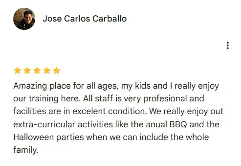 Screenshot of a five-star Google review from a parent whose kids train at Everyone Jiu Jitsu